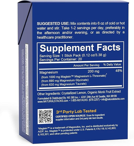 MagTech Magnesium Lemonade Drink Mix - Chelated Magnesium Complex - 3 Forms of Magnesium: Magtein Magnesium L-Threonate, Glycinate & Taurate - Supports Relaxation & Brain Health*, 20 Stick Packs