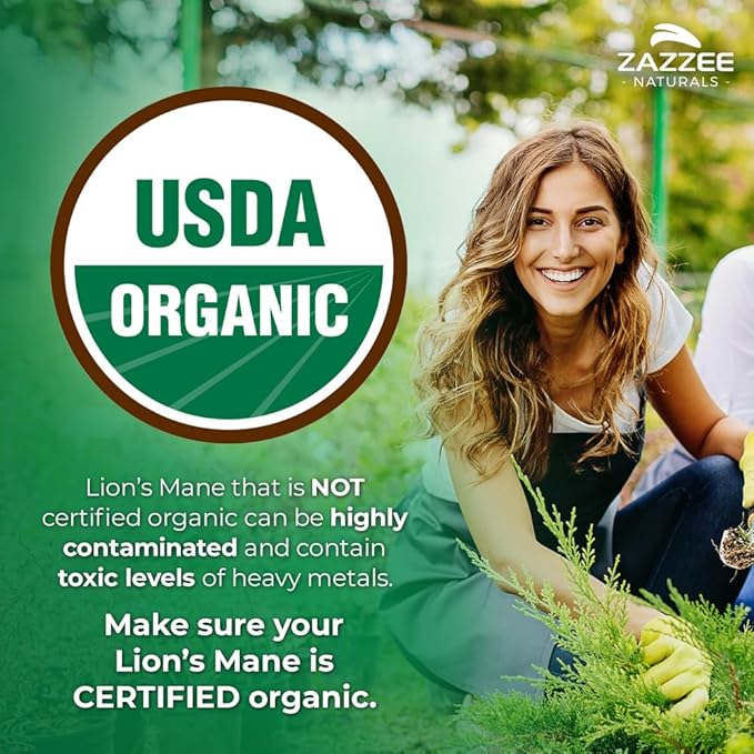 Zazzee USDA Organic Lion's Mane 20:1 16,000 mg 30% Polysaccharides, 120 Vegan 60 Day 20X Extract,