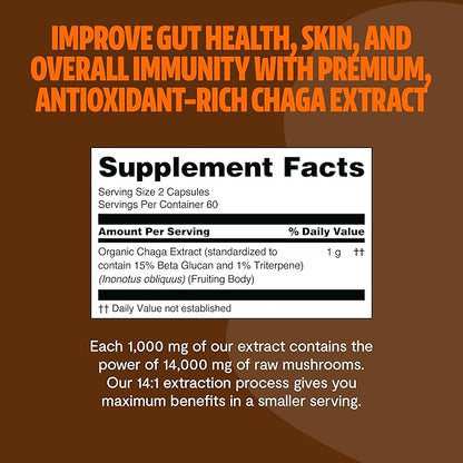 FreshCap Chaga Mushrooms Capsules 14,000mg - Chaga Mushroom Supplement, Mushroom Extract Antioxidants Supplement, Mushrooms Herbal Supplements, Ayurveda Nootropic Immunity Supplement (120 Capsules)