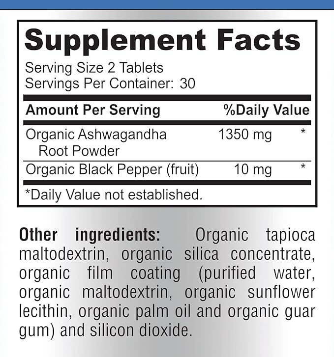 USDA Organic Ashwagandha 1350mg with 60 Tablets