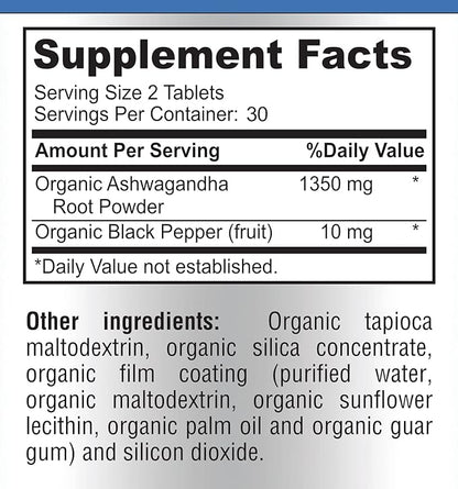 USDA Organic Ashwagandha 1350mg with 60 Tablets