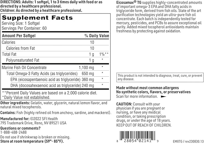 Klaire Labs Eicosamax TG Fish Oil Omega-3 Fish (60 Softgels)