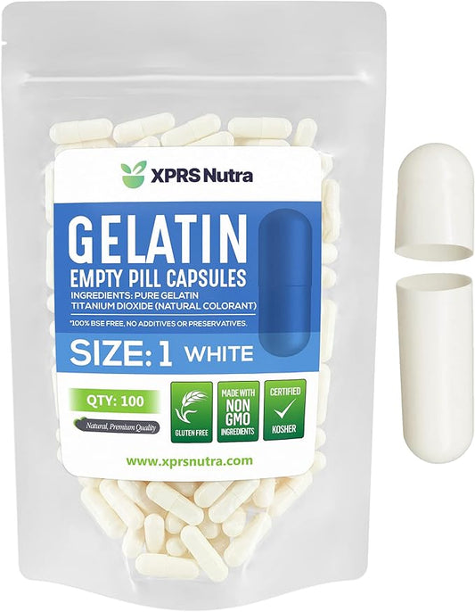 XPRS Nutra Size 1 Empty Capsules - 100 Count Empty Gelatin Capsules - Empty Pill Capsules - DIY Capsule Filling - Pure Bovine Pill Capsules Empty Gel Caps (White)