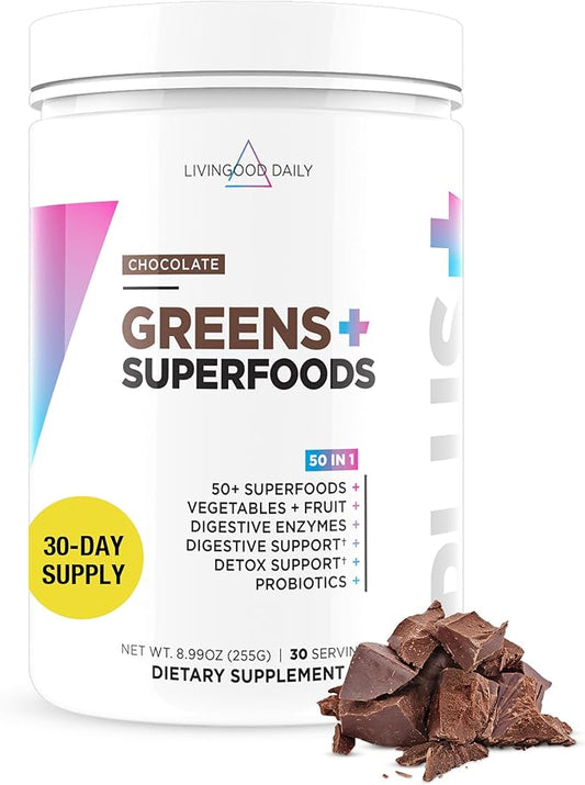 Livingood Daily Greens Superfood Powder (Chocolate) - Super Greens Powder for Gut Health - Green Juice Powder Supplement with Spirulina, Chlorella, Enzymes, & Probiotics for Liver & Digestive Support