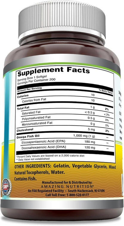 Amazing Omega Fish Oil 1000 mg Omega-3, 180 180 mg 120 mg (200 Count)