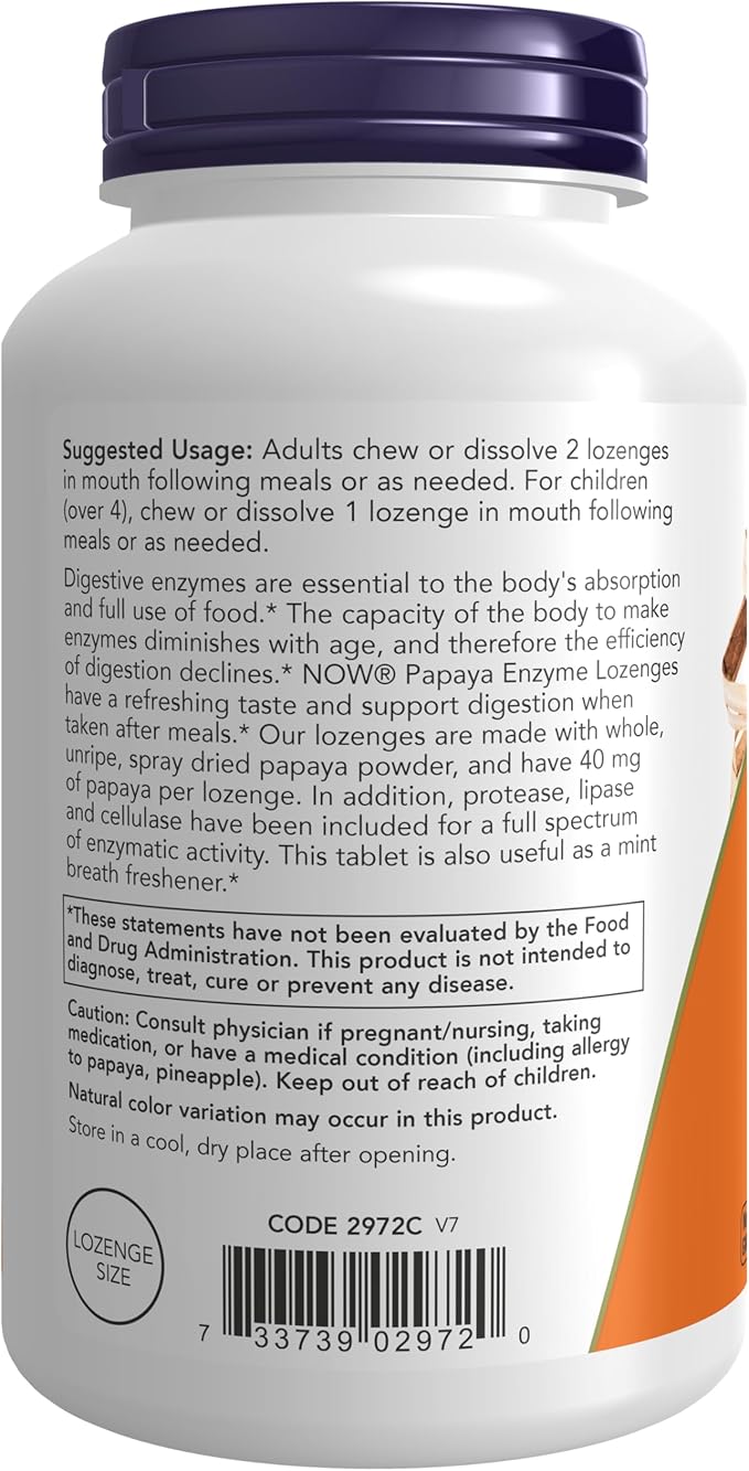 NOW Supplements, Papaya Enzyme with Mint 360 Chewable