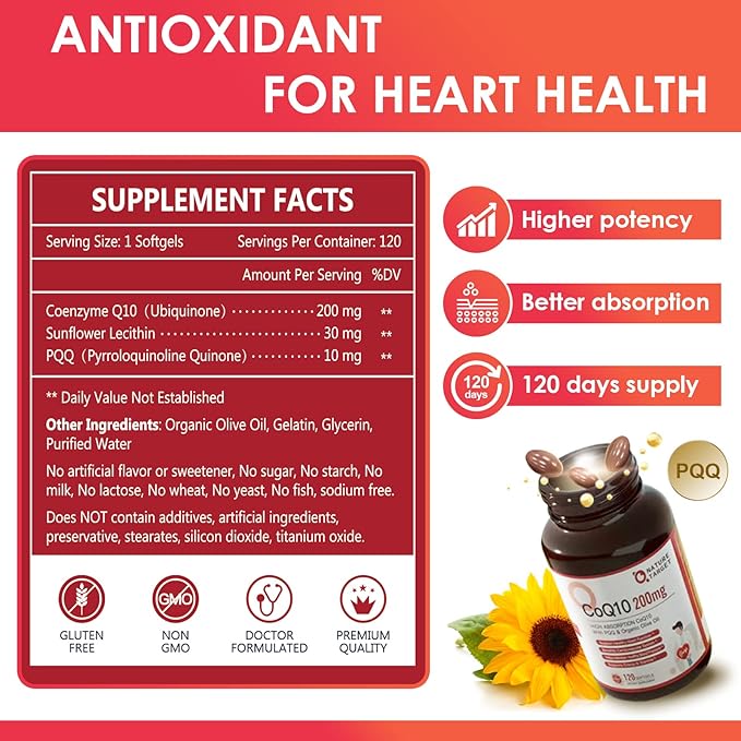 NATURE TARGET CoQ10-200mg-Softgels + PQQ with Organic-Olive-Oil Absorption-Coenzyme-Q10 - 120 Servings