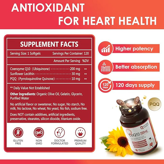 NATURE TARGET CoQ10-200mg-Softgels + PQQ with Organic-Olive-Oil Absorption-Coenzyme-Q10 - 120 Servings