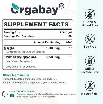 Liposomal NAD+ Supplement 500 mg, High Absorption, Boost NAD+ with TMG 250 mg, Actual NAD Plus More Efficient Than Nicotinamide Riboside, Support Cellular Energy, Healthy Aging | 240 Softgels
