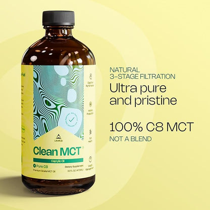 LevelUp Clean MCT Oil - 100% Caprylic C8 for Energy, Focus, Weight Management, Gut Health, Brain Superfuel - Keto Supplement for Ketogenic Coffee and Ketones - Non-GMO (16 oz Glass Bottle)