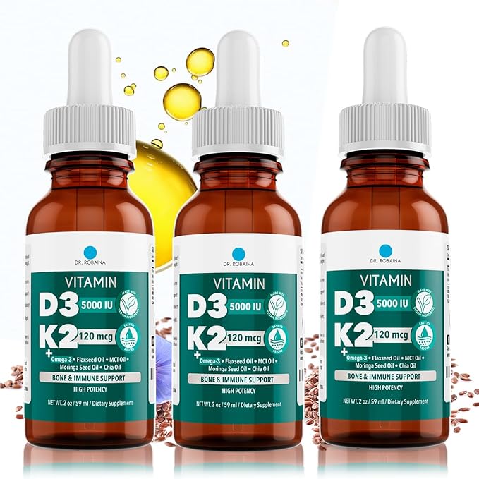 Dr. Robaina Vitamin D3 + K2 Drops – Vegan MCT Oil Liquid Supplement, 5000 IU D3 & 120 mcg MK-7, Sublingual Daily Vitamin D and K