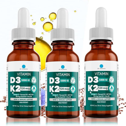 Dr. Robaina Vitamin D3 + K2 Drops – Vegan MCT Oil Liquid Supplement, 5000 IU D3 & 120 mcg MK-7, Sublingual Daily Vitamin D and K