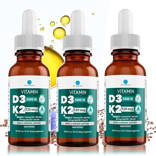 Dr. Robaina Vitamin D3 + K2 Drops – Vegan MCT Oil Liquid Supplement, 5000 IU D3 & 120 mcg MK-7, Sublingual Daily Vitamin D and K