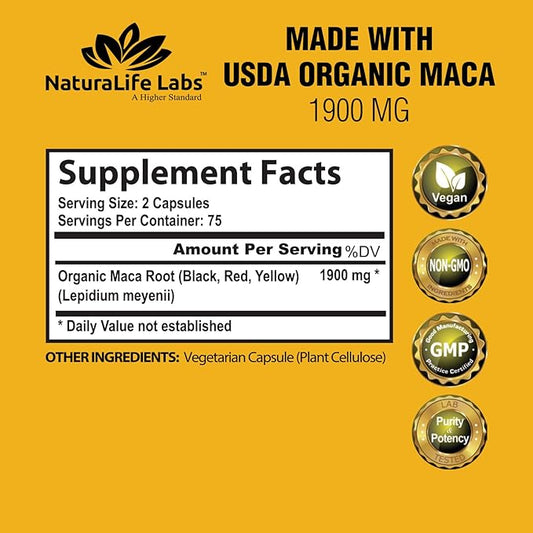 Organic Maca Root Black, Red, Yellow 1900 MG 150 Vegan 100% Pure