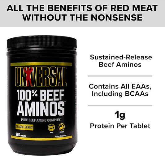 Universal Nutrition - 100% Beef Aminos -3g of Beef Protein Isolate for Recovery and Growth - 200 Tabs