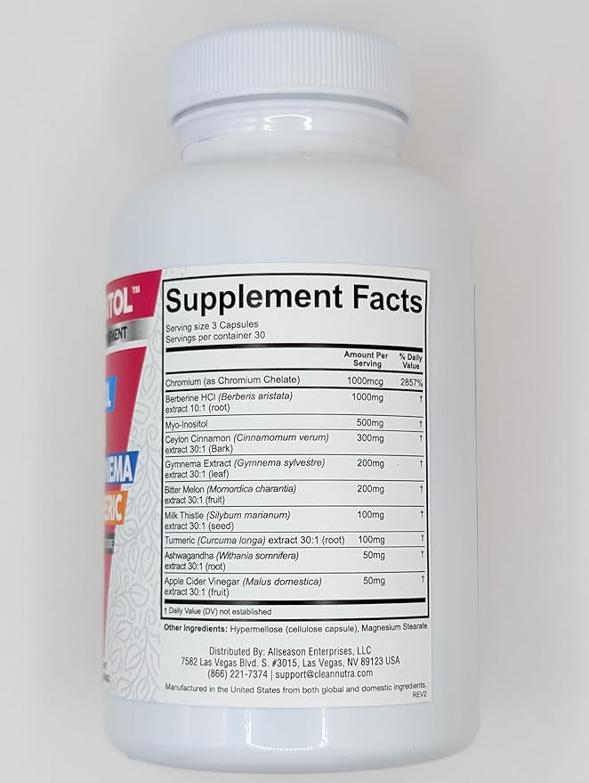 Clean Nutra Berberine Inositol Supplement with Ceylon Cinnamon, Bitter Melon, Gynema Sylvestre, Milk Thistle, Turmeric - 90 Vegan Vegetarian Capsules, Non-GMO, Gluten Free - Berberine for Women Men