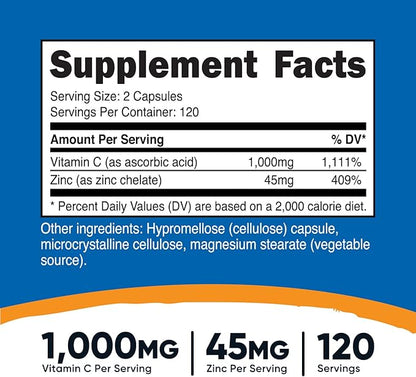 Nutricost Vitamin C with Zinc Supplement 120 Servings 1000mg Vitamin 45mg Zinc,