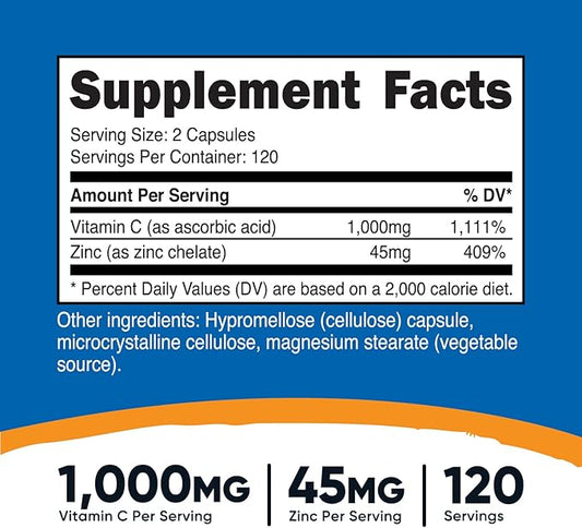 Nutricost Vitamin C with Zinc Supplement 120 Servings 1000mg Vitamin 45mg Zinc,