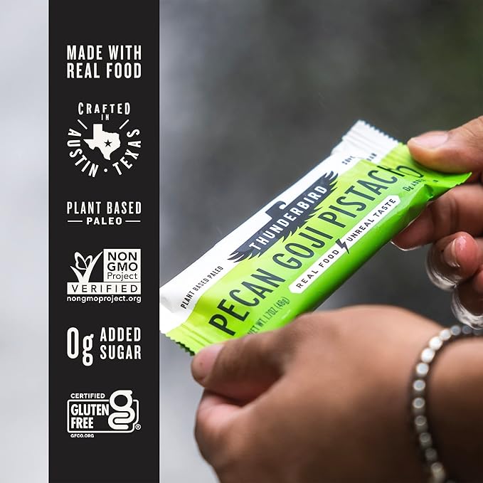 Thunderbird Bars Energy Snack, Gluten-Free with Protein, Healthy Real Food, Vegan Paleo Non-GMO, No Added Sugar, Pecan Goji Pistachio Flavor (12 Count, 1.7 oz. Bars)