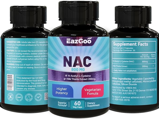 NAC Supplement N-Acetyl Cysteine 800mg, 200mg, Non-GMO, 60 Capsules