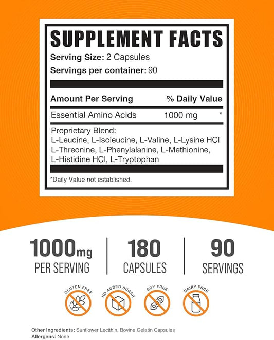 BulkSupplements.com Essential Amino Acids Capsules - EAA Capsules, EAAs Amino Acids Supplements, EAA 1000mg - Gluten Free, 2 Capsules per Servings, 180 Capsules (Pack of 1)