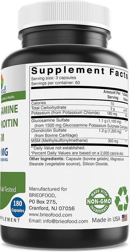 Brieofood Triple Strength Glucosamine Chondroitin MSM 2600mg/Serving Capsules, 180 Count