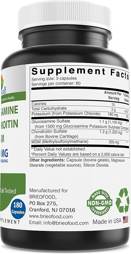 Brieofood Triple Strength Glucosamine Chondroitin MSM 2600mg/Serving Capsules, 180 Count