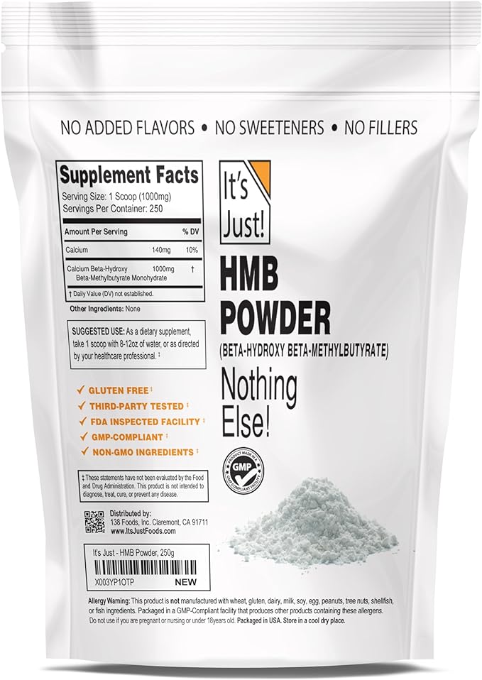 It's Just! - HMB Powder, 250g, Beta-Hydroxy Beta-Methylbutyrate, Free Acid, GMP Compliant, Third-Party Tested (Unflavored, 250g)