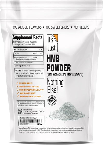 It's Just! - HMB Powder, 250g, Beta-Hydroxy Beta-Methylbutyrate, Free Acid, GMP Compliant, Third-Party Tested (Unflavored, 250g)