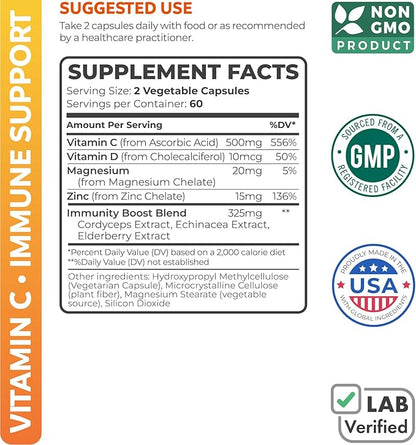 Vitamin C Immune Support Supplement - Immunity Boost Blend with Elderberry Vitamin C and Zinc for Daily & Seasonal Support - Immunity Supplement with Magnesium Zinc Vitamin C and D (2 Months Supply)