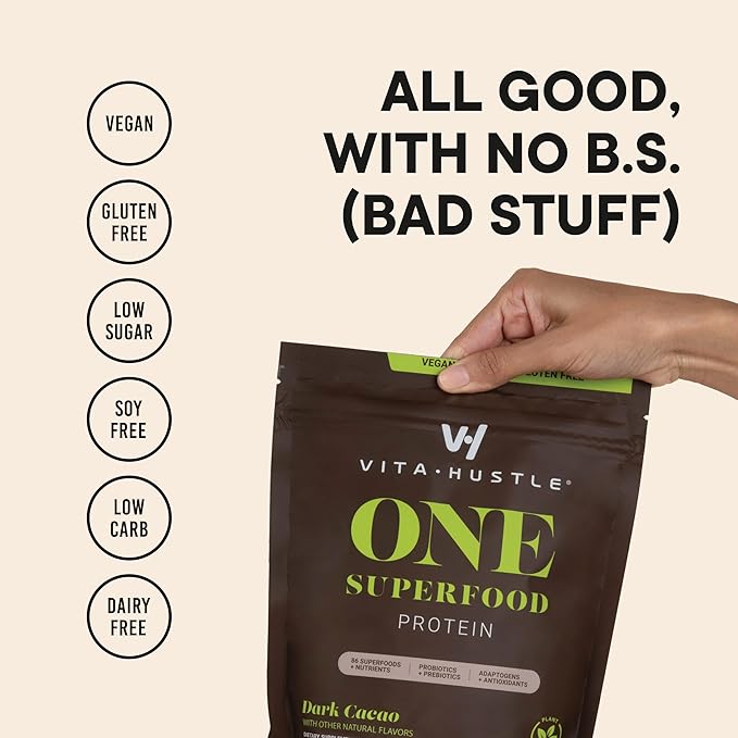 VitaHustle ONE Superfood Protein All-in-One Nutrition 20g Chocolate 86 Superfoods, 15 Servings