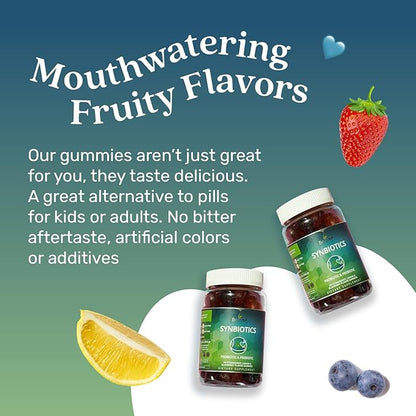 BeLive Synbiotics - Probiotic & Prebiotic Fiber Gummies – High Strength Inulin (3g), Dietary Fiber Supplement, Digestive Support for Kids & Adults - Strawberry, Lemon, Blueberry Flavor | 2-Pack
