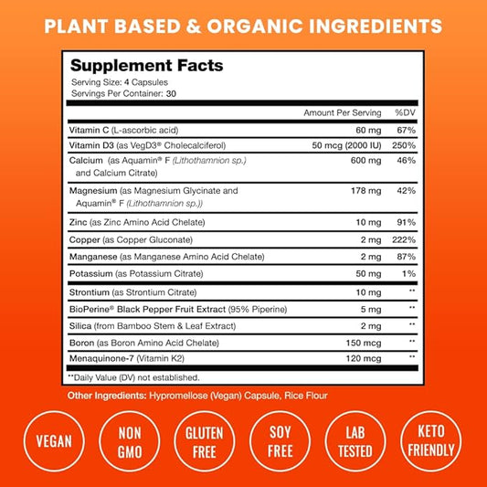 Bone Strength Supplements | Plant Based Calcium Supplement 600mg | Vitamin D3 2000 IU, K2, Magnesium, Potassium, Zinc, Boron & Strontium | Whole Food Supplement for Bone Health | 120 Vegan Capsules