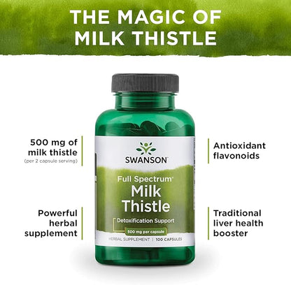 Swanson Milk Thistle-Herbal Liver Support Supplement-Natural Wellbeing-(100 Capsules, 500mg Each)
