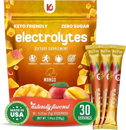 Keppi Mango Electrolytes Powder Packets – 30 Sugar Free Hydration Packets, Keto-Friendly Hydration Packets Perfect for Travel, Gym, and Everyday Refreshment