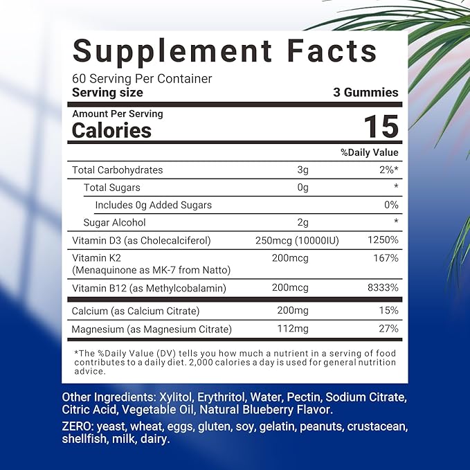 Sugar-Free Vitamin D3 K2 Gummies, Vitamin D3 10000iu & Vitamin K2(MK7) 200mcg with Calcium, Magnesium, Vitamin B12 for Bone Muscle Teeth Immune, Vegan
