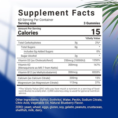 Sugar-Free Vitamin D3 K2 Gummies, Vitamin D3 10000iu & Vitamin K2(MK7) 200mcg with Calcium, Magnesium, Vitamin B12 for Bone Muscle Teeth Immune, Vegan