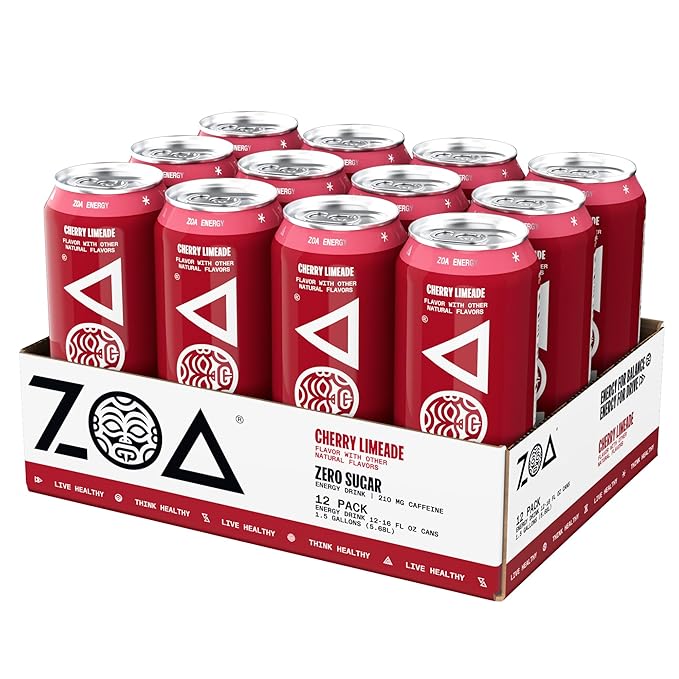 ZOA Zero Sugar Energy Drink, Cherry Limeade - Sugar Free with Electrolytes, Healthy Vitamin C, Amino Acids, Essential B-Vitamins, and Caffeine from Green Tea - 16 Fl Oz (12-Pack)