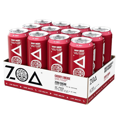 ZOA Zero Sugar Energy Drink, Cherry Limeade - Sugar Free with Electrolytes, Healthy Vitamin C, Amino Acids, Essential B-Vitamins, and Caffeine from Green Tea - 16 Fl Oz (12-Pack)