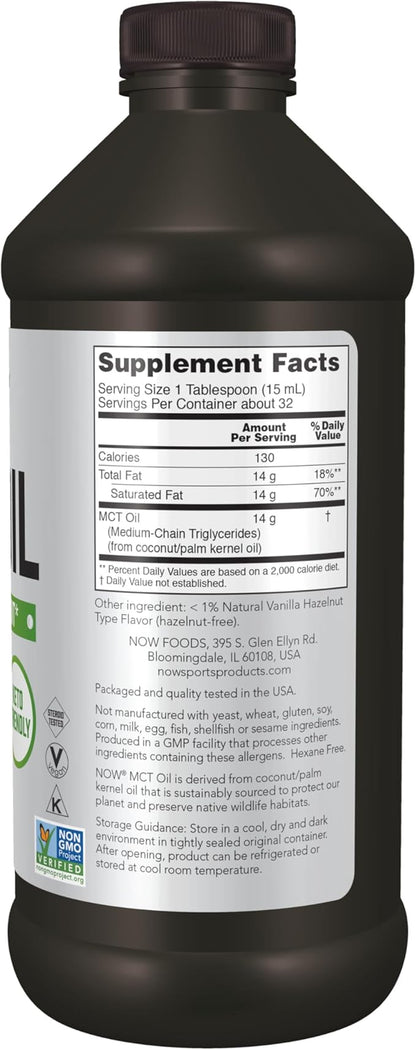 NOW Sports Nutrition, MCT (Medium-chain triglycerides) Oil, Vanilla Hazelnut, 16-Ounce