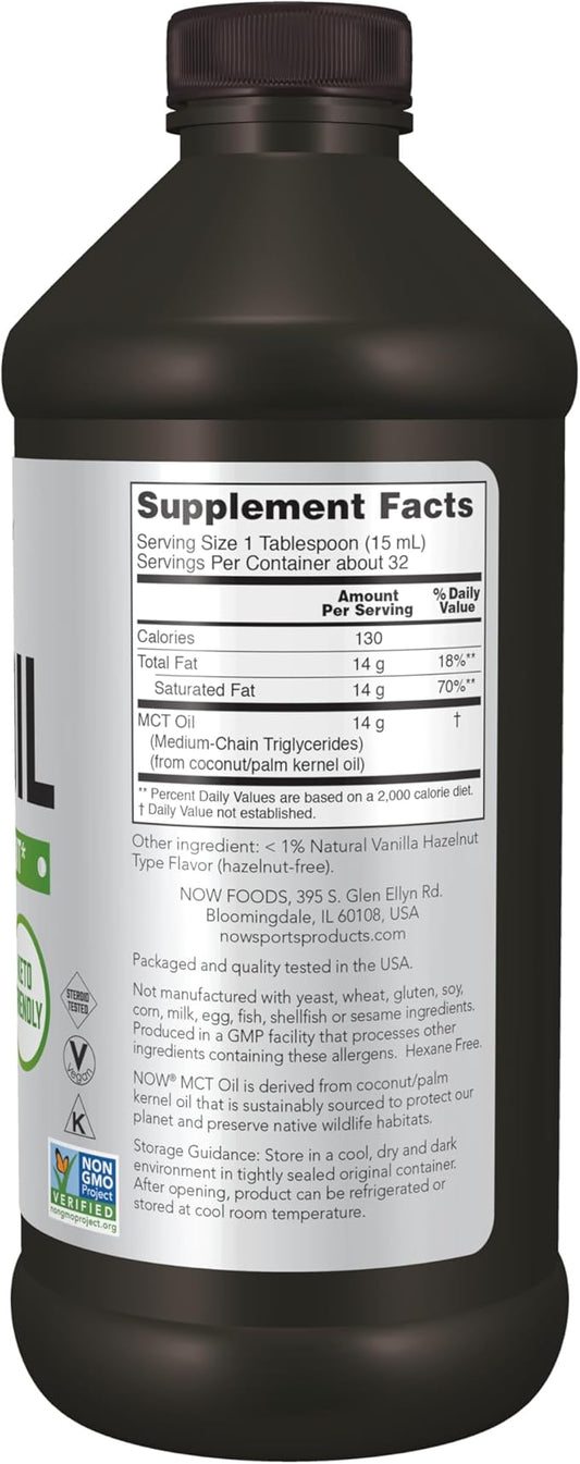 NOW Sports Nutrition, MCT (Medium-chain triglycerides) Oil, Vanilla Hazelnut, 16-Ounce