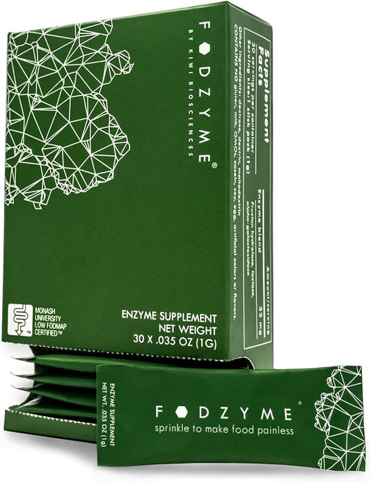 FODZYME 30 Dose On-The-Go Kit - Relief for Bloating, Gassiness, Constipation, Diarrhea, Abdominal Pain - Digestive Enzymes for Travel, Dining Out, Family Meals - Onion, Garlic, Bread, Beans, Dairy