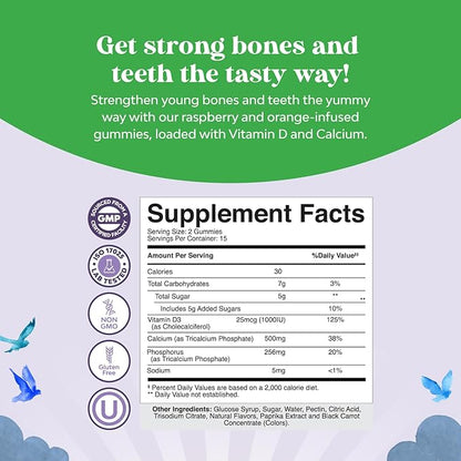 Tasty Kids Calcium Gummies - Vitamin D & Calcium Gummies for Children - Vitamin Gummies with Calcium & Vitamin D for Muscle Bone & Development - Gelatin-Free Kosher Childrens Gummies 30ct (1 Pack)