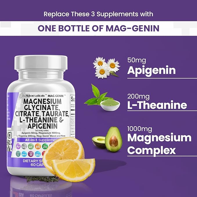 Magnesium Glycinate Complex 1000mg with L-Theanine 200mg Apigenin 50mg Citrate 5-HTP GABA 60 Count