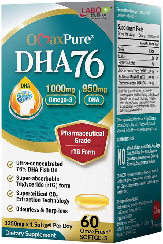 LABO Nutrition OmaxPure DHA76 Omega 3 76% 950mg 950mg DHA, 60 Count, CO2 Extracted
