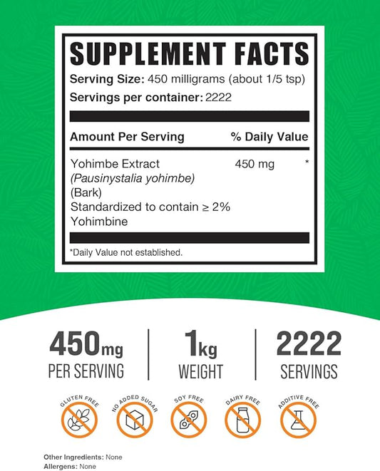 BulkSupplements.com Yohimbe Extract Powder - Yohimbe Bark Extract, Yohimbe Supplements, Yohimbe Bark Powder - Herbal Supplement, Gluten Free, 450mg per Serving, 1kg (2.2 lbs) (Pack of 1)