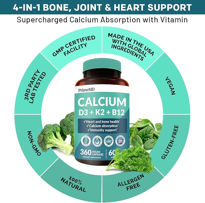 PrimeMD 4-in-1 Calcium Supplements for Women 600mg with D3 K2 K2 B12 B12 5000 5000 IU (360 Count)