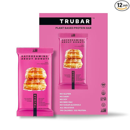 TRUBAR Vegan Protein Bar, Daydreaming About Donuts, Gluten Free, Plant Based Protein, Dairy Free, Non GMO, Soy Free, No Sugar Alcohols, 12G Protein, 12G Fiber, 23G Carb, On the Go Snack Bars, 12 CT