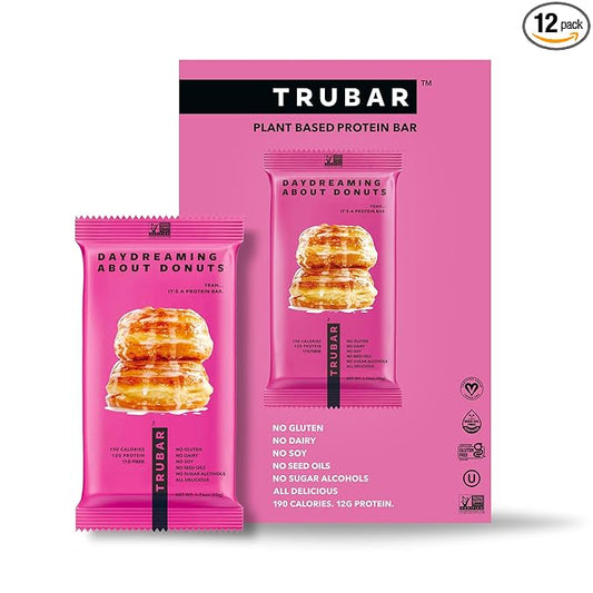 TRUBAR Vegan Protein Bar, Daydreaming About Donuts, Gluten Free, Plant Based Protein, Dairy Free, Non GMO, Soy Free, No Sugar Alcohols, 12G Protein, 12G Fiber, 23G Carb, On the Go Snack Bars, 12 CT