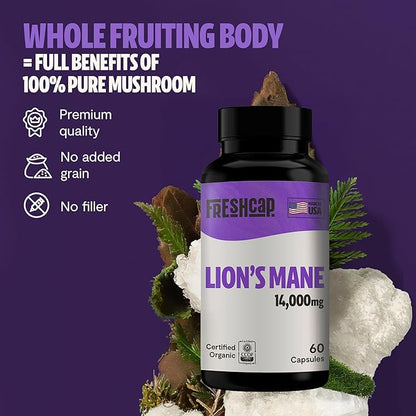 FreshCap Lions Mane Supplement Capsules 14,000mg - Lion's Mane Mushroom Capsules, Lions Mane Extract, Brain Supplements for Memory and Focus, Mood Support, Focus Supplement (60 Capsules)